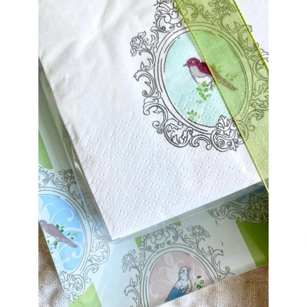 New Bird Print Paper Guest Towels Napkins w/ Bird & Green Stripe Glass Tray